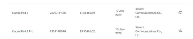 Xiaomi Pad 8 Pad 8 Pro certified