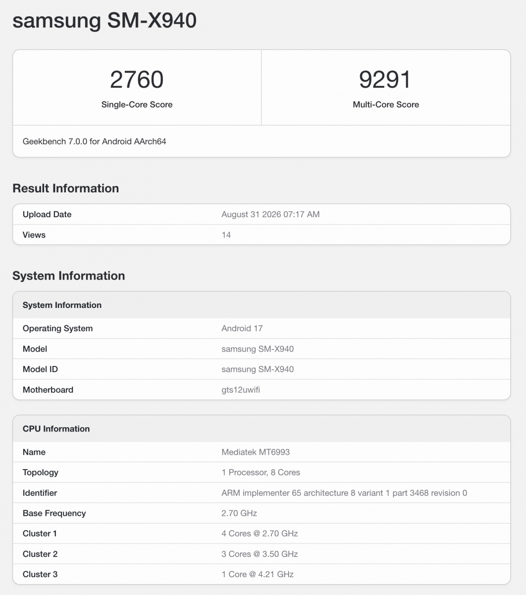Geekbench listing associated with the Samsung Galaxy Tab S12 Ultra and MediaTek Dimensity 9500