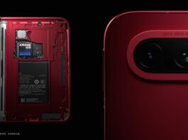 Xiaomi 18 Fold shown closed in Nishino Red with a horizontal rear camera module.
