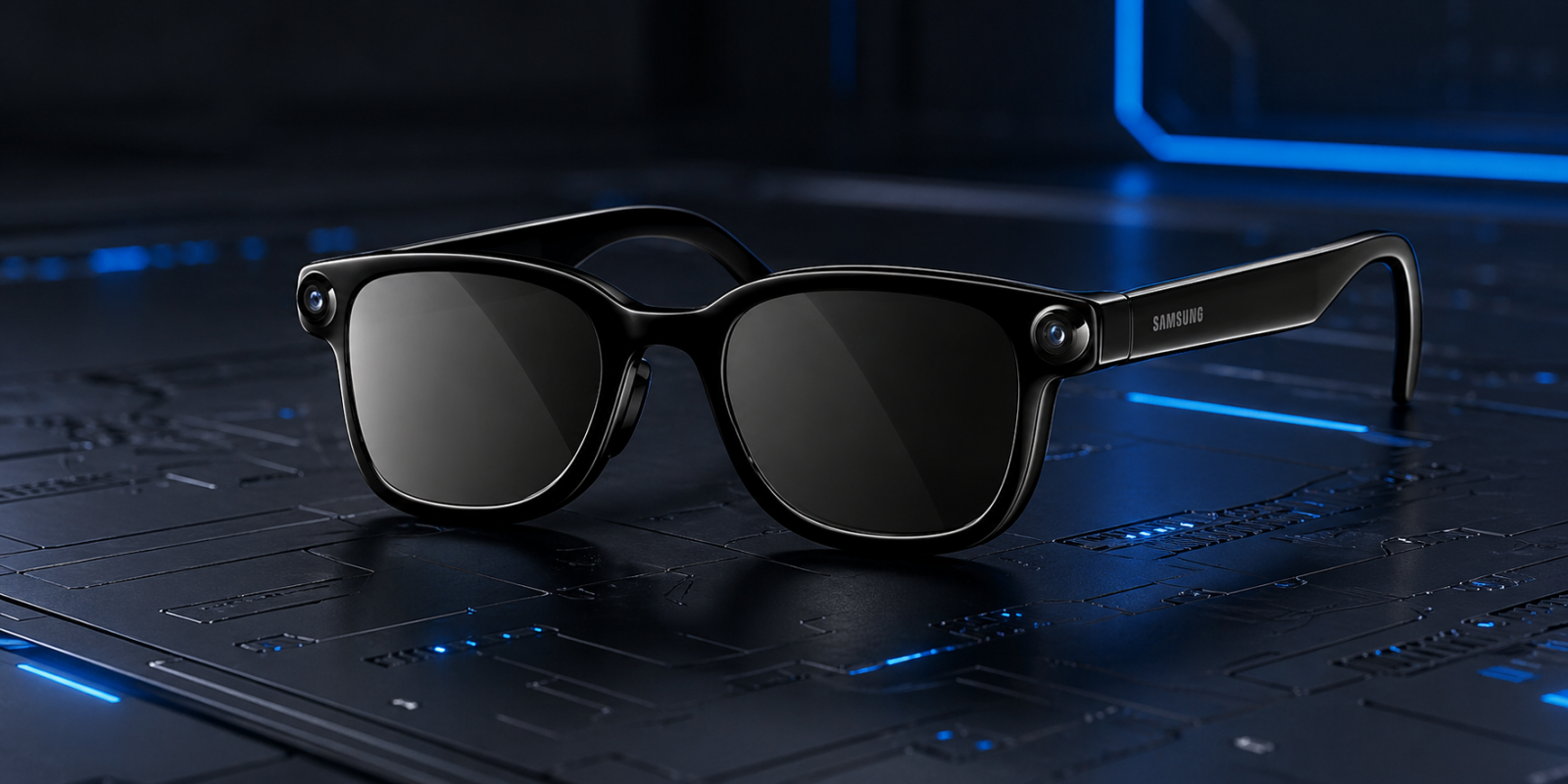 Wearable glasses illustration highlighting efforts to reduce headset weight with external battery and processing designs.