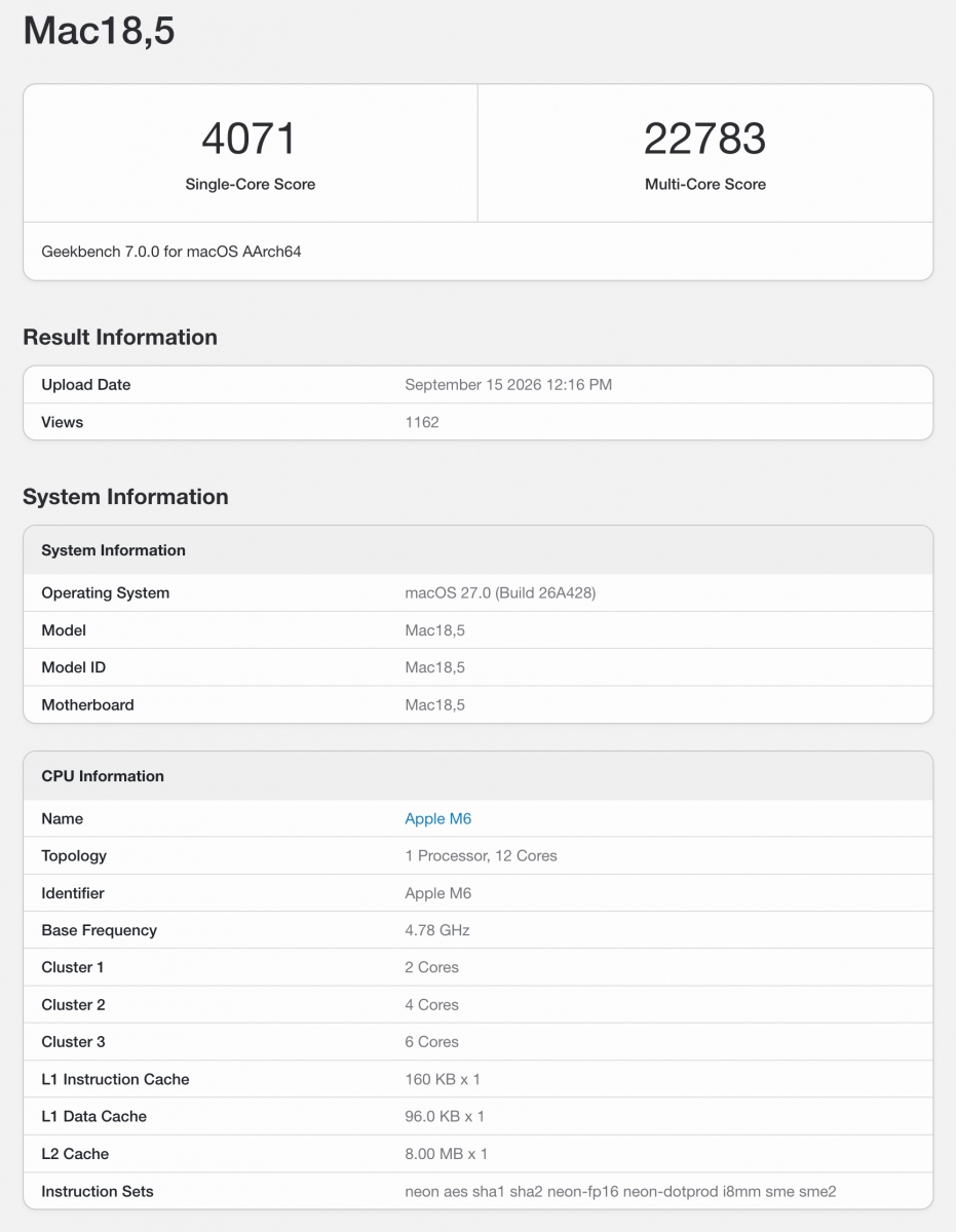 Geekbench 7 comparison showing Apple M6 benchmark results against M5, M5 Max, and M1 Ultra