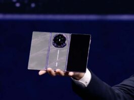 Huawei Mate XT 2 Ultimate Design tri-fold smartphone shown unfolded with its large display