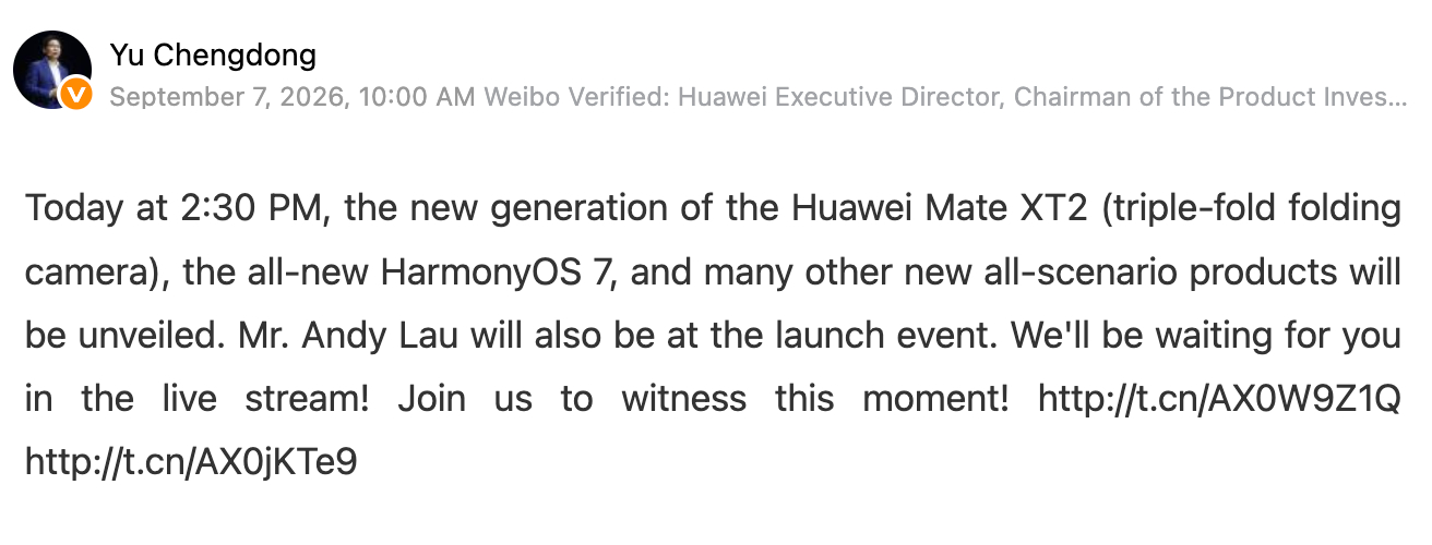Huawei Mate XT 2 Ultimate Design promotional image referencing HarmonyOS 7 and Andy Lau’s event appearance