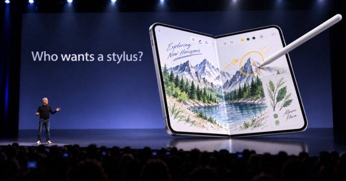 iphone-duo-apple-apple-pencil-cover-a96571-002 Apple iPhone Duo foldable phone shown with its large inner display open