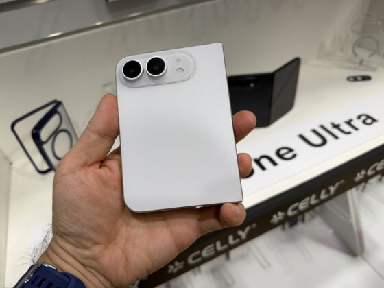 Celly foldable iPhone mockup showing its wide unfolded form factor