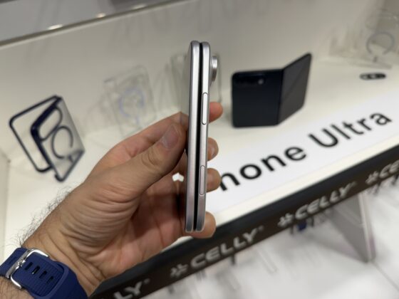 Celly foldable iPhone mockup viewed from the side while open