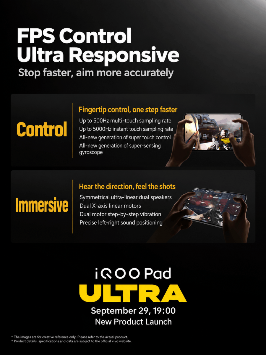 iQOO Pad Ultra promotional image highlighting its gaming-focused tablet design.