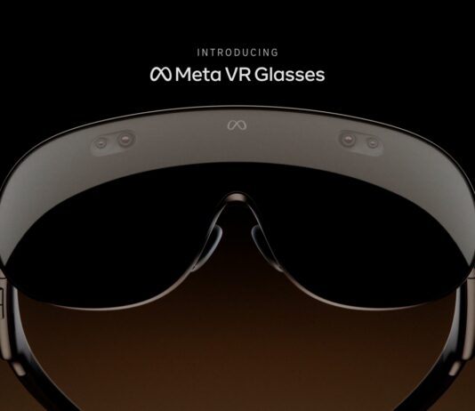 Meta VR Glasses shown with a separate external compute module designed to be carried off the face
