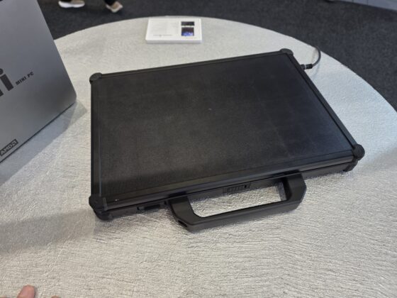 Oukitel RG14-P rugged Windows laptop viewed from the rear with integrated solar panel