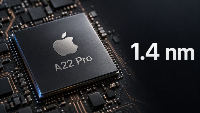 Illustration accompanying a report on Apple’s possible use of TSMC’s 1.4nm manufacturing process for a future A22 Pro chip.