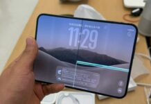 An iPhone Duo foldable phone with attention focused on the inner display crease.