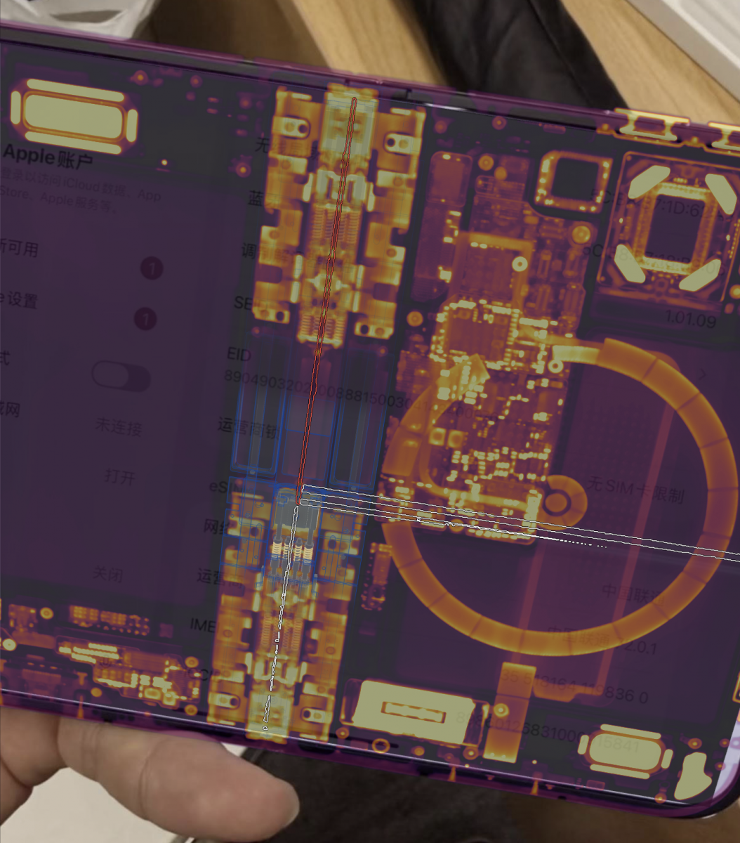 iFixit analysis highlighting a possible hinge support-bar stress point beneath the iPhone Duo folding display