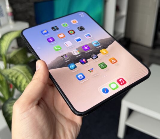 Apple iPhone Duo foldable phone shown open with its large inner display