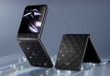 Motorola razr 70 Swarovski Edition foldable phone in its dark PANTONE Meteorite finish.
