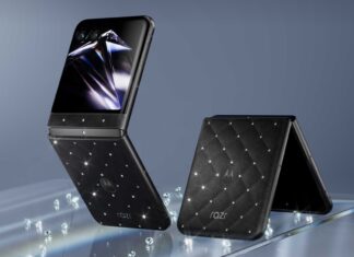 Motorola razr 70 Swarovski Edition foldable phone in its dark PANTONE Meteorite finish.