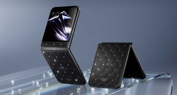Motorola razr 70 Swarovski Edition foldable phone in its dark PANTONE Meteorite finish.